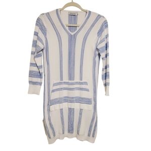 Misslook | Women's White and Blue Striped Tunic Sweater (Size XL)
